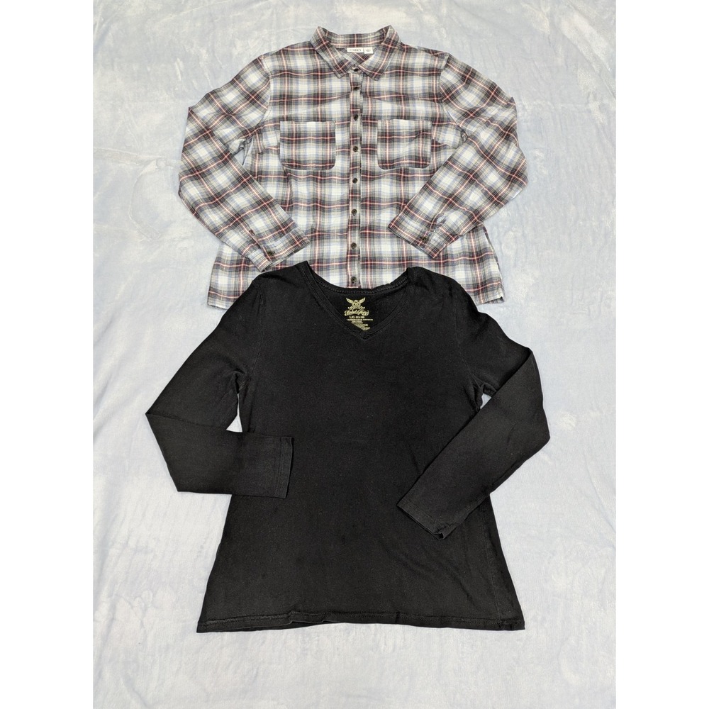 Womens Large Tops Bundle Closet Staples Basics Casual Plaid Button Up Black Tee‎